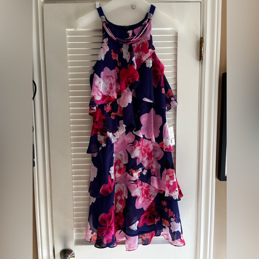 Blue Floral Ruffle Halter Dress